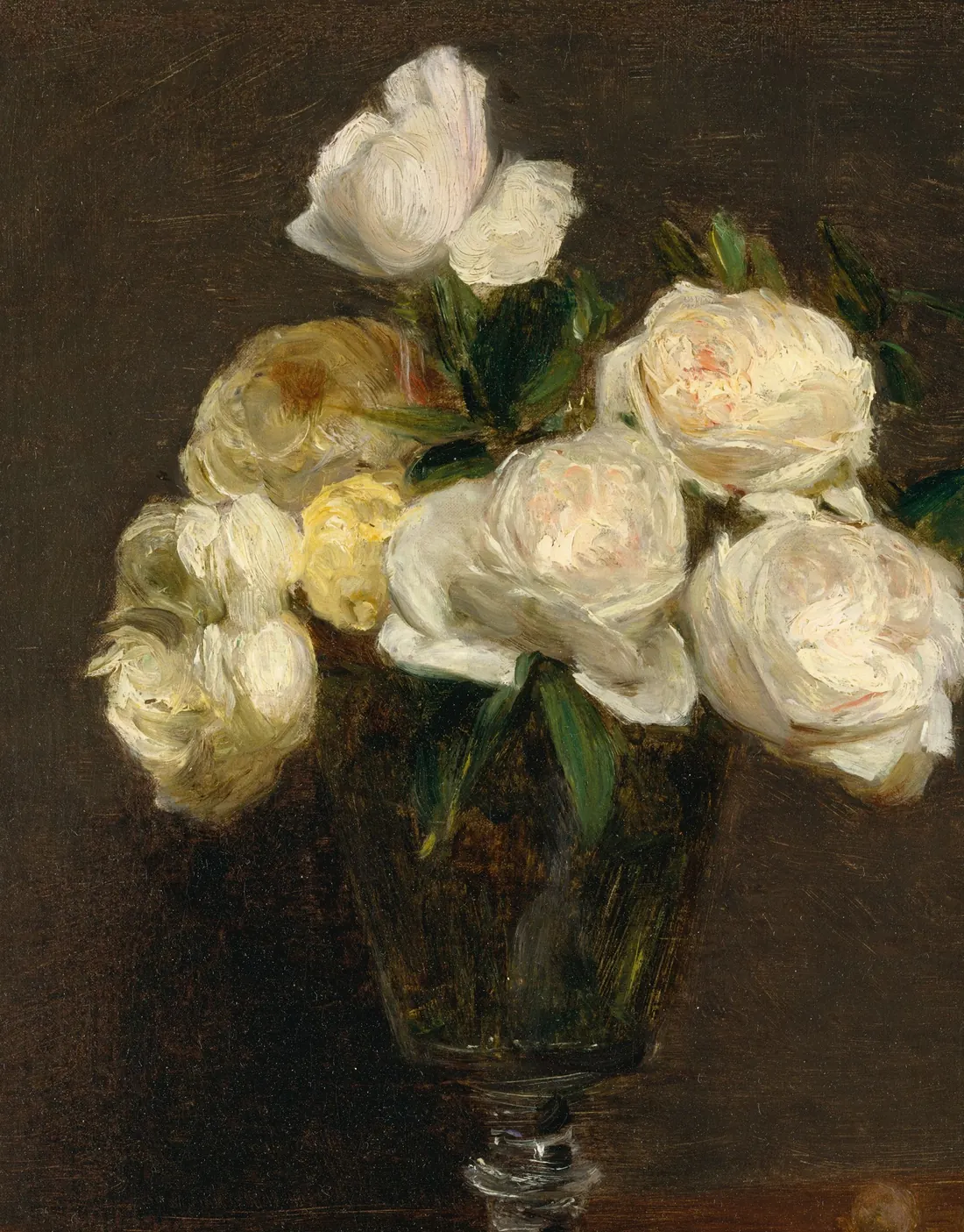 White roses in a glass vase, painted by Henri Fantin-Latour